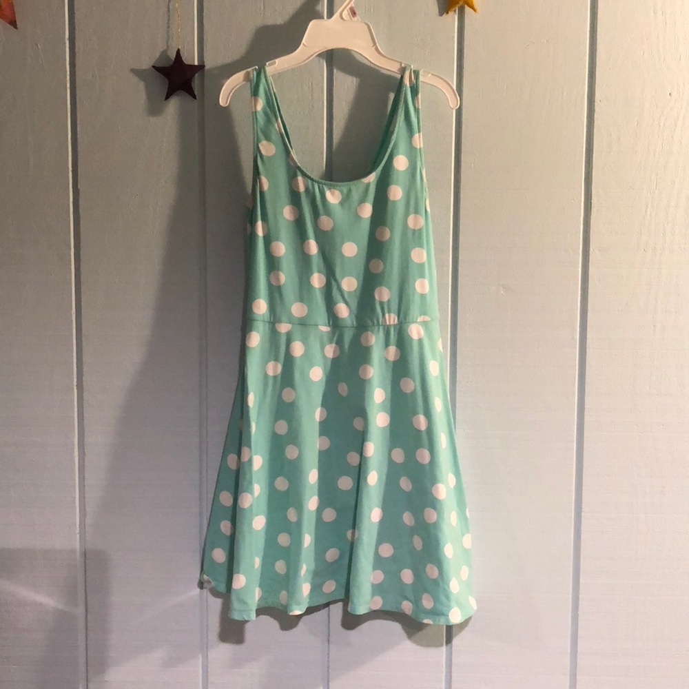 Blue and white polka dot dress